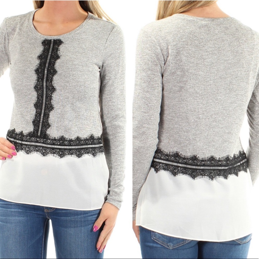 MAISON JULES NWT WOMEN’S LACE TRIM BASIC LONG SLEEVE TOP GRAY BLACK WHITE LARGE